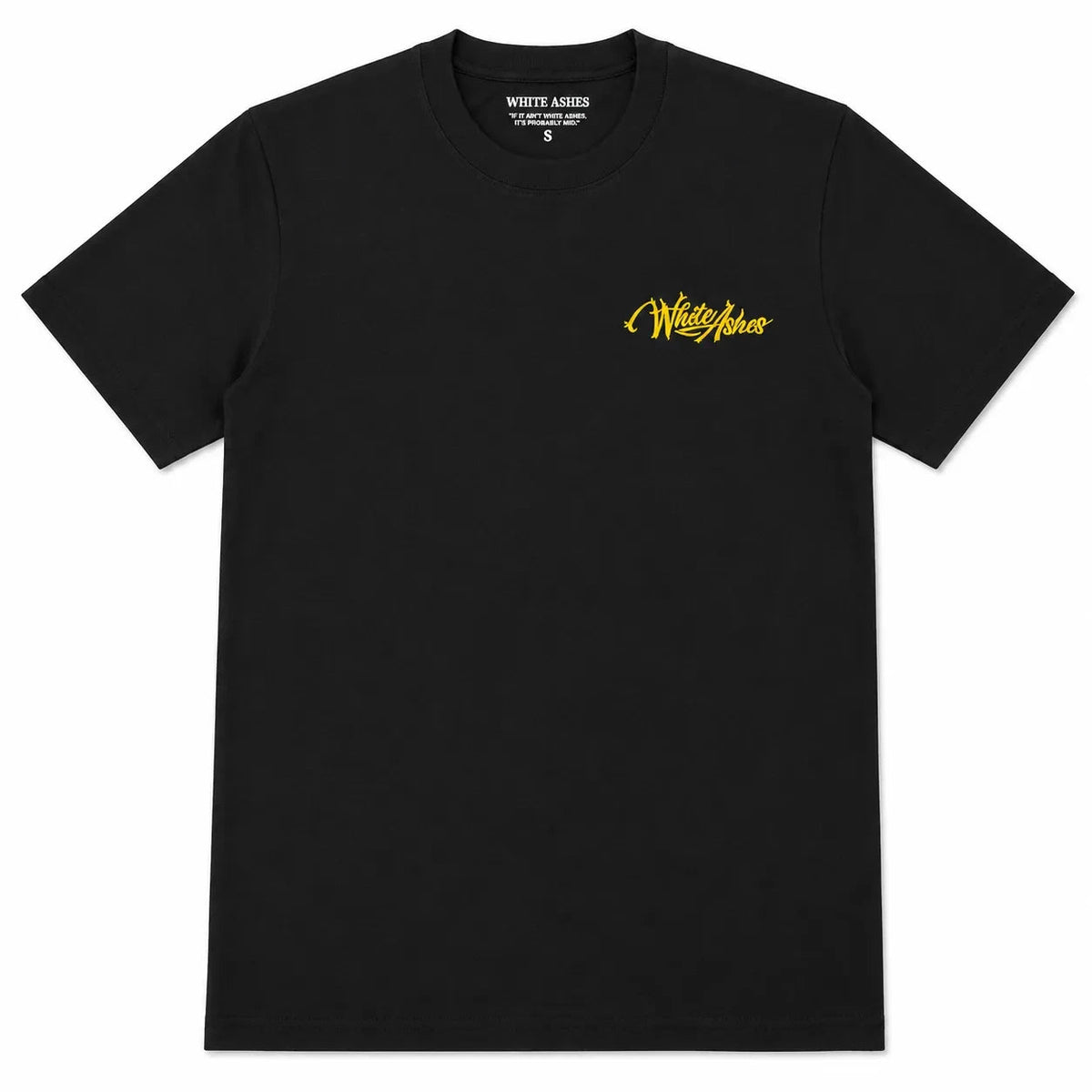 White Ashes Smoke Shop black cotton crewneck t-shirt with a yellow script logo on the chest