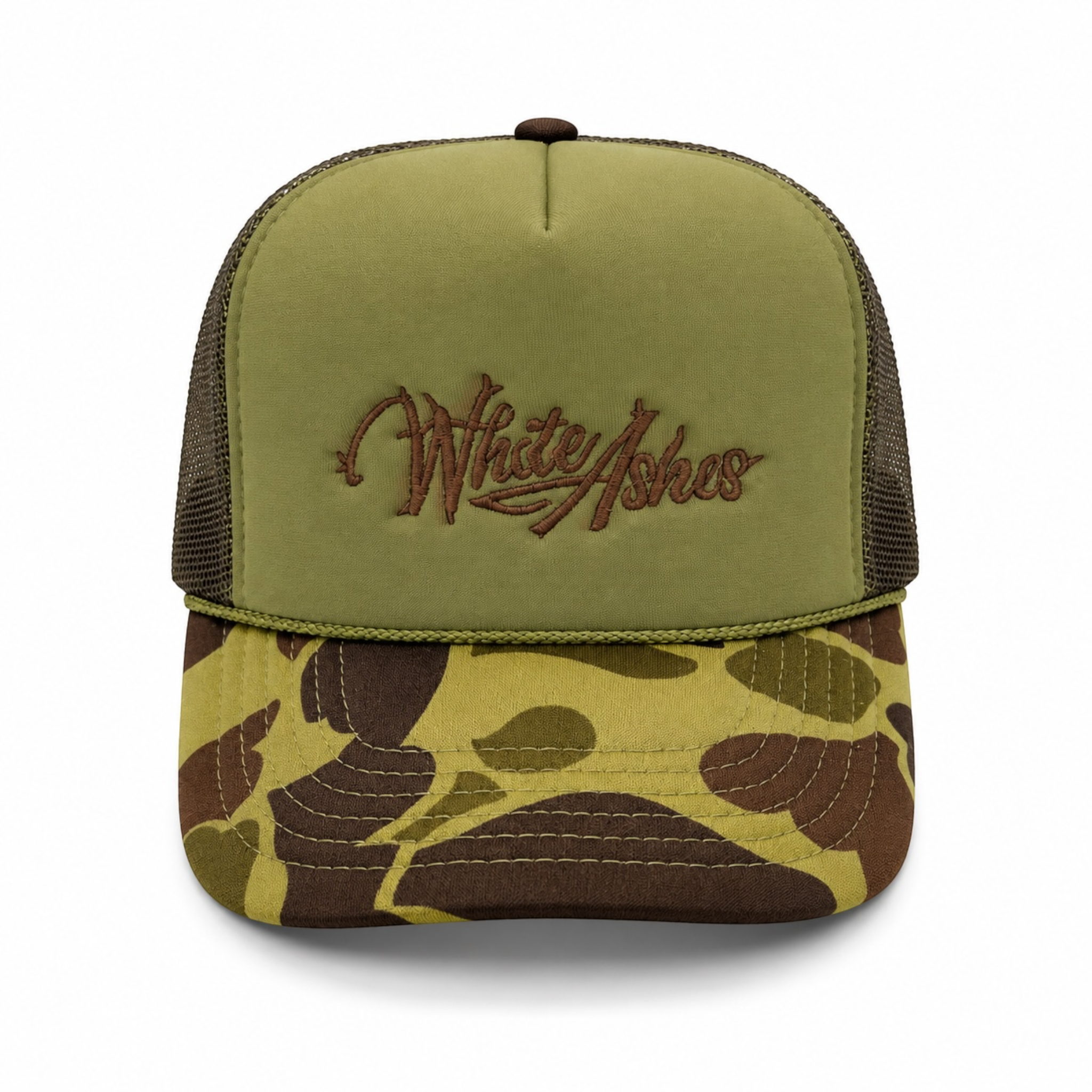 WHITE ASHES TRUCKER HAT (OLIVE GREEN)