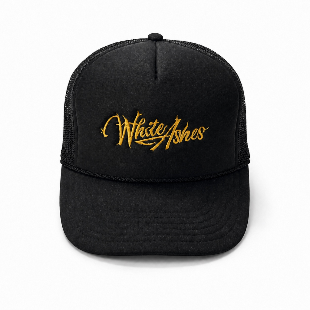 WHITE ASHES TRUCKER HAT (GOLD EMBROIDERY)