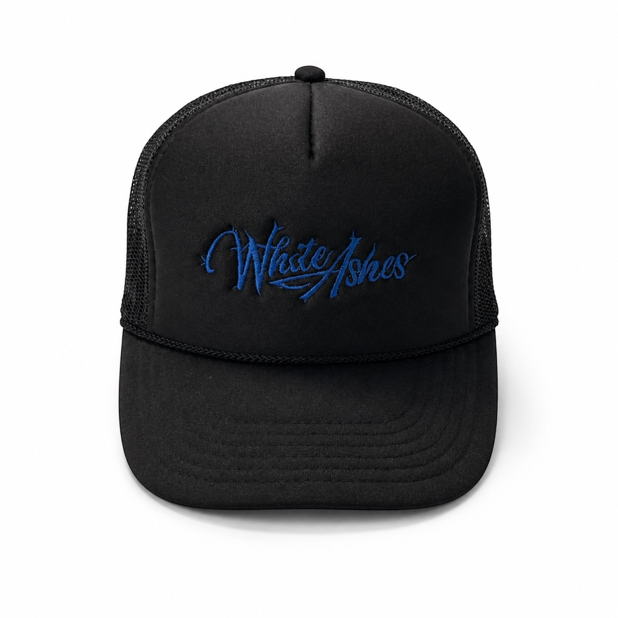 WHITE ASHES TRUCKER HAT (BLUE EMBROIDERY)