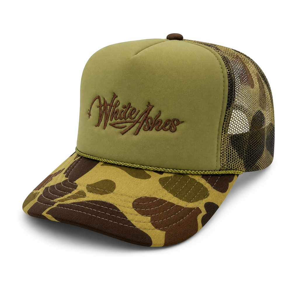 WHITE ASHES TRUCKER HAT (OLIVE GREEN)