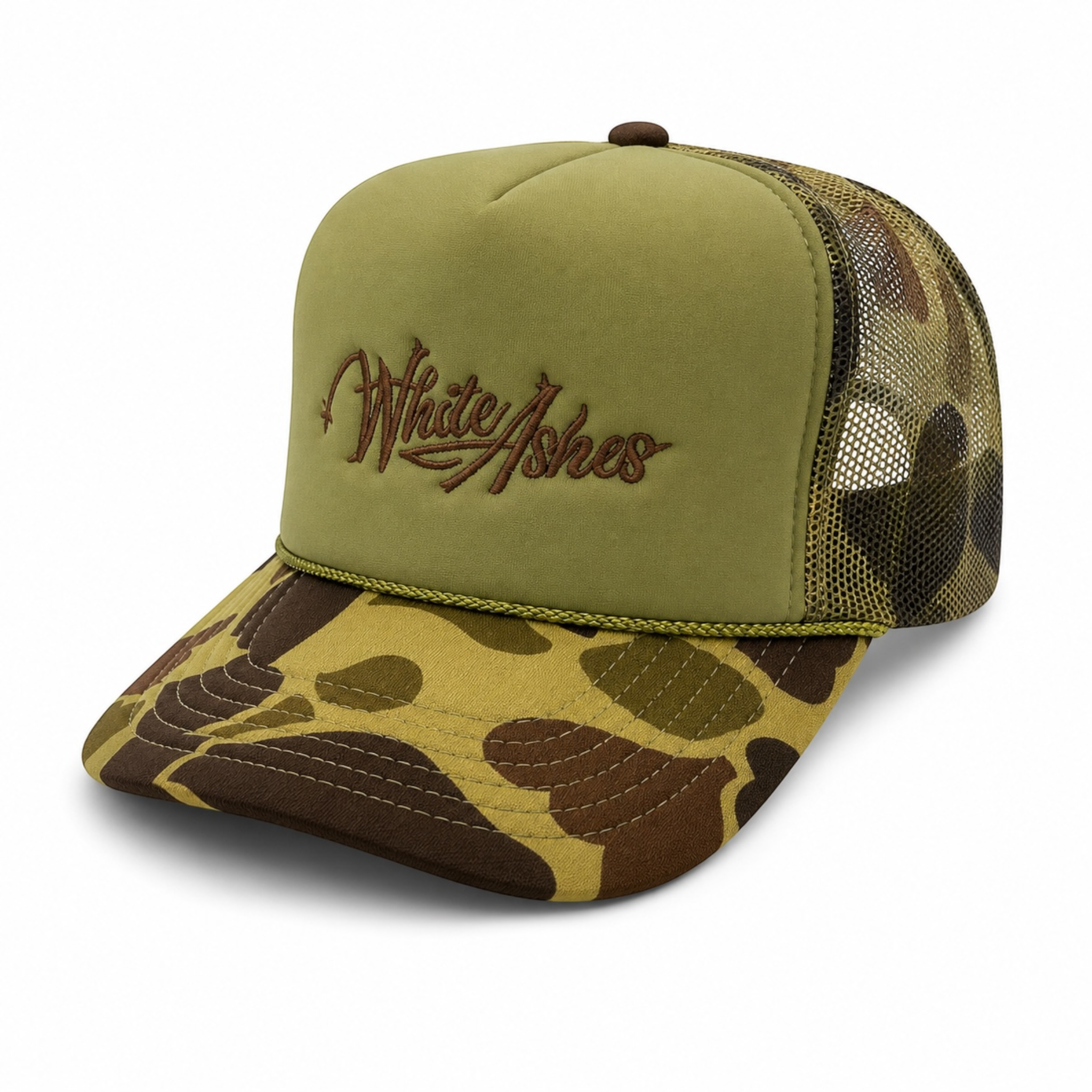 WHITE ASHES TRUCKER HAT (OLIVE GREEN)