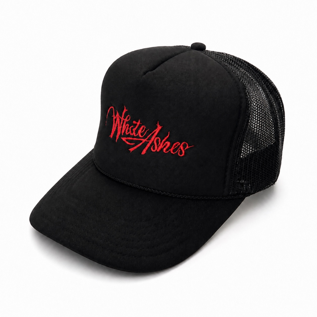 WHITE ASHE TRUCKER HAT (RED EMBROIDERY)