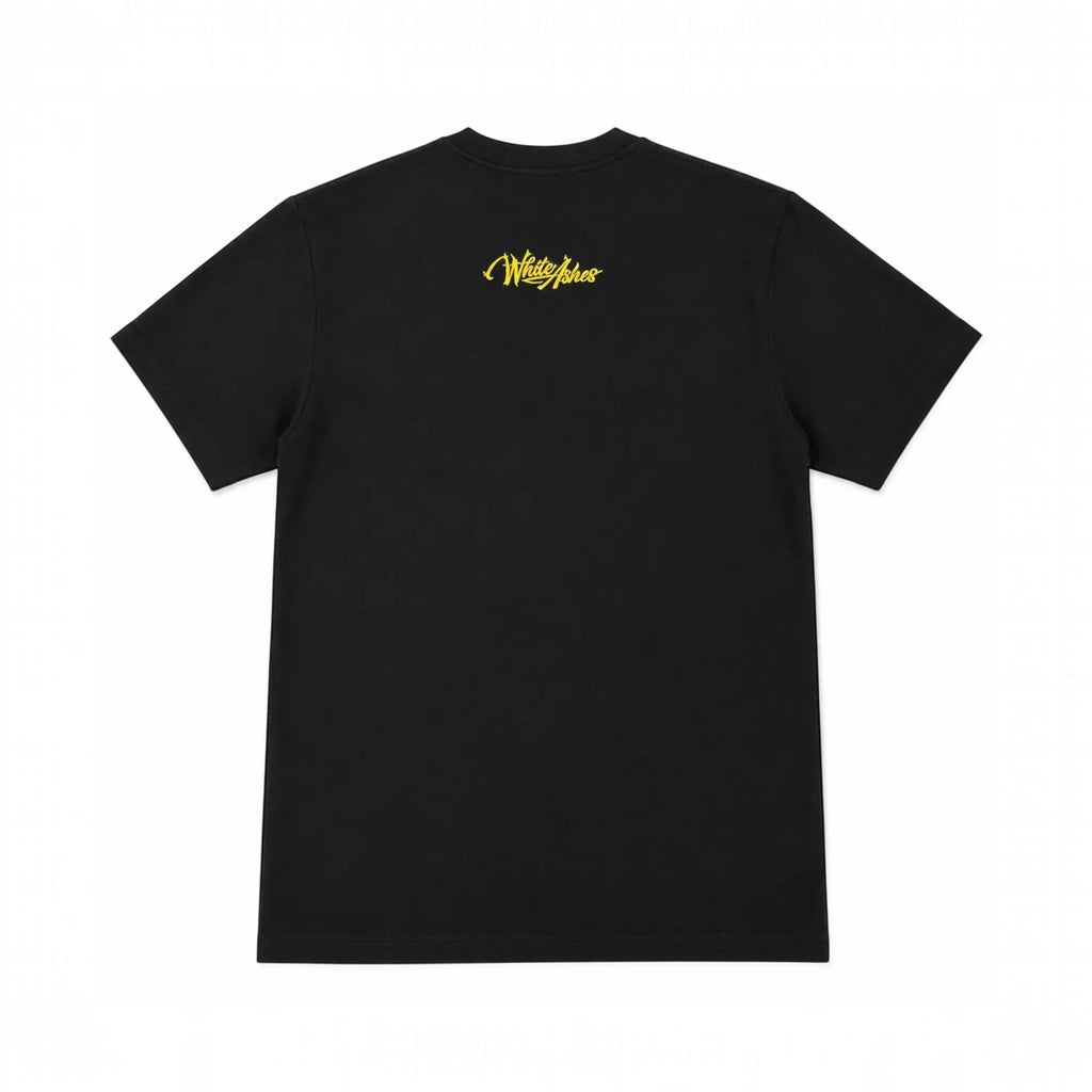 White Ashes Smoke Shop black short-sleeve t-shirt with yellow gold embroidered logo on the upper back