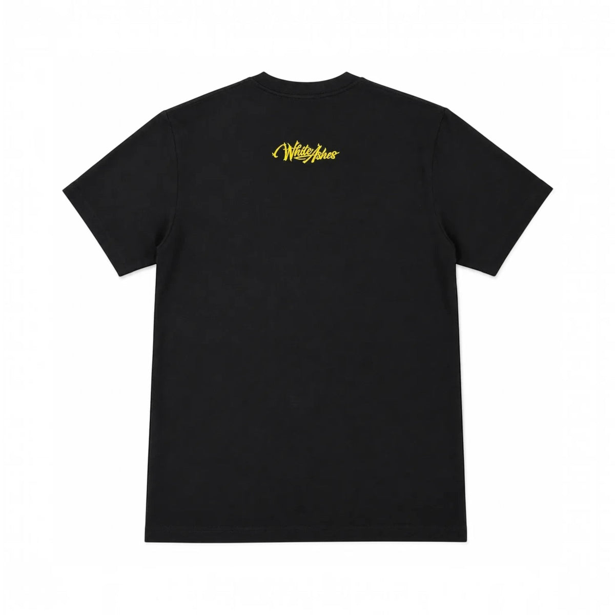 White Ashes Smoke Shop black short-sleeve t-shirt with yellow gold embroidered logo on the upper back
