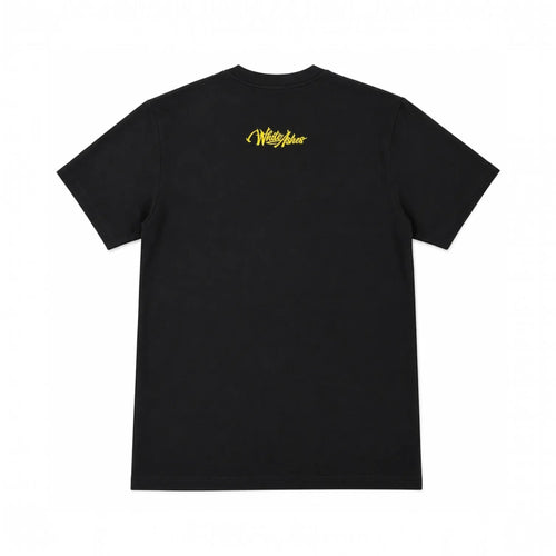 White Ashes Smoke Shop black short-sleeve t-shirt with yellow gold embroidered logo on the upper back