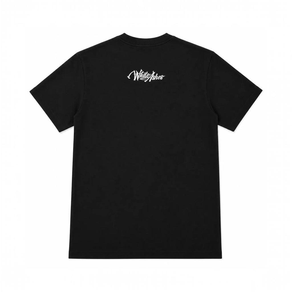 Back view of a black White Ashes Smoke Shop short-sleeve t-shirt with a white embroidered logo below the neckline.