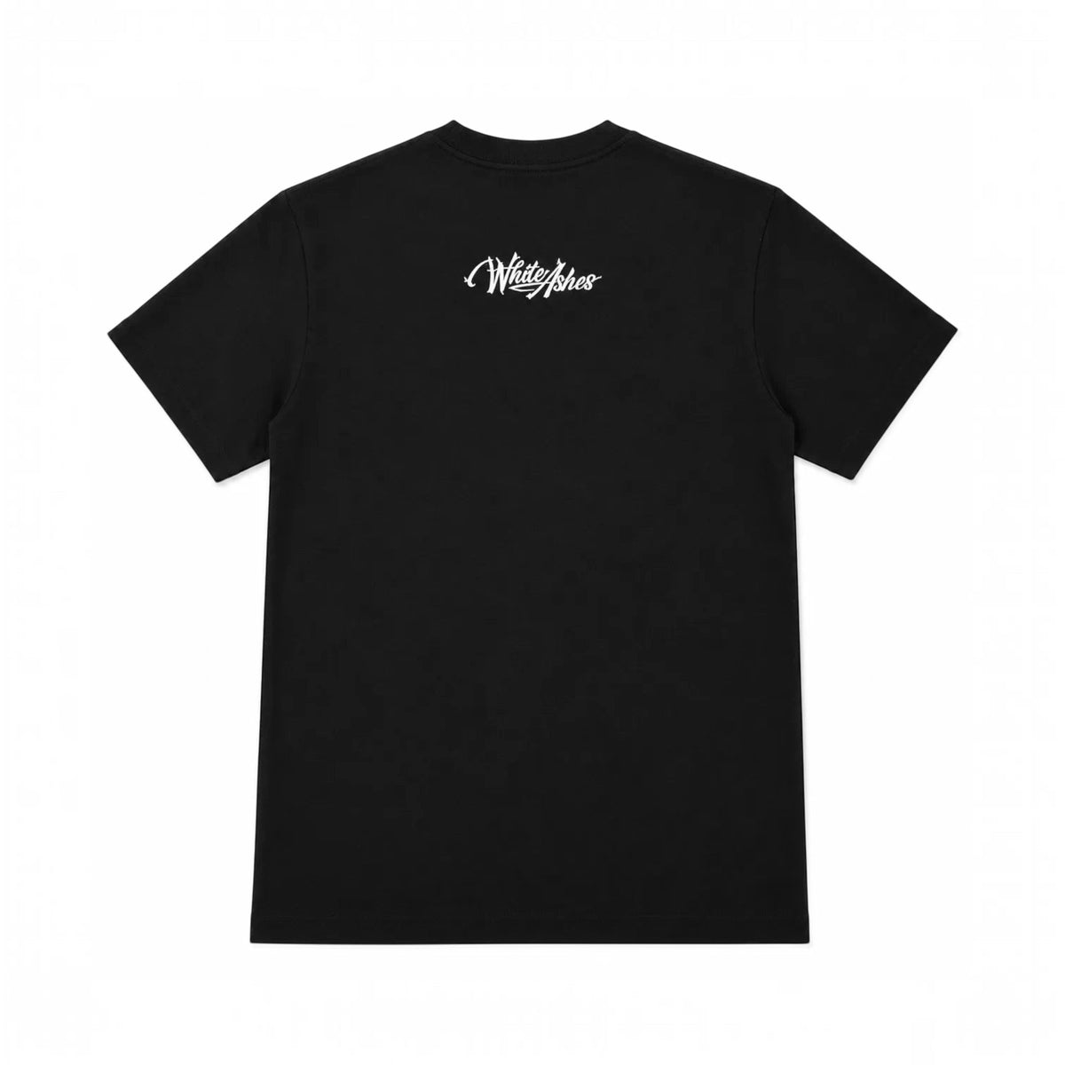 Back view of a black White Ashes Smoke Shop short-sleeve t-shirt with a white embroidered logo below the neckline.
