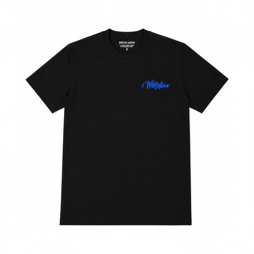 White Ashes Smoke Shop black short-sleeve crew neck t-shirt with royal blue embroidered logo on the chest