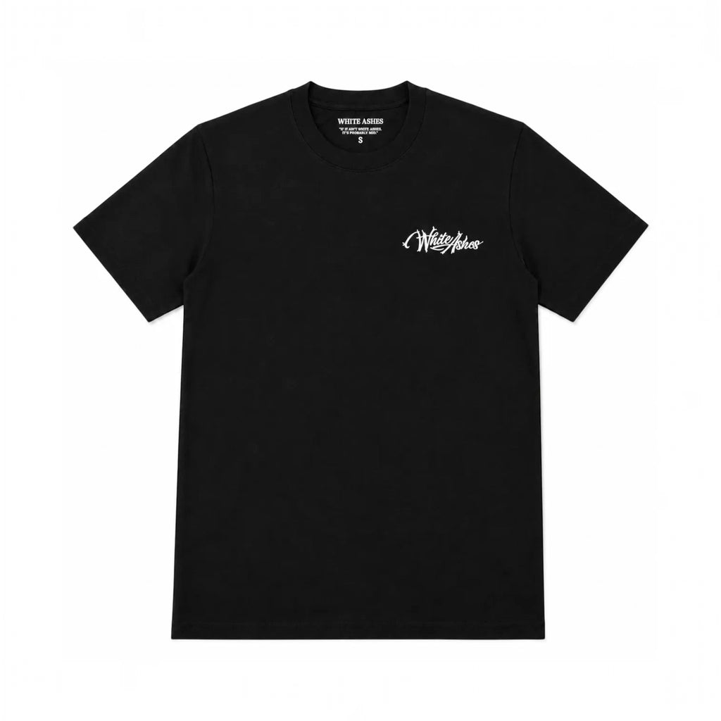 White Ashes Smoke Shop black short-sleeve crew neck t-shirt with white embroidered logo on the chest