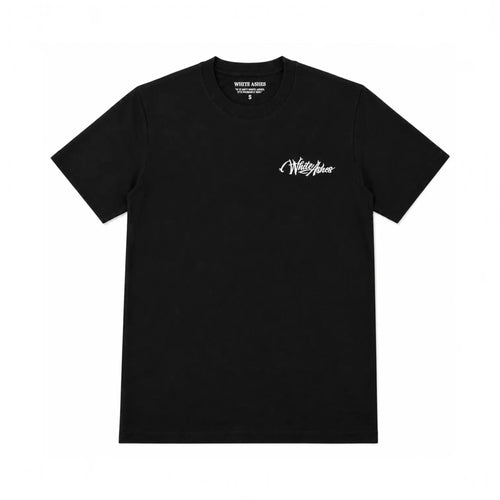 White Ashes Smoke Shop black short-sleeve crew neck t-shirt with white embroidered logo on the chest