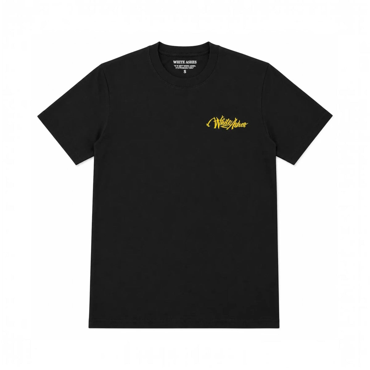 White Ashes black short-sleeve crew neck t-shirt with yellow gold embroidered logo on the chest.