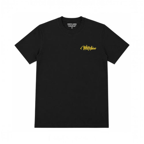 White Ashes black short-sleeve crew neck t-shirt with yellow gold embroidered logo on the chest.