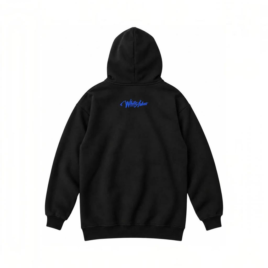 Back view of a black White Ashes Smoke Shop heavyweight cotton hoodie featuring a blue graphic logo on the upper back.