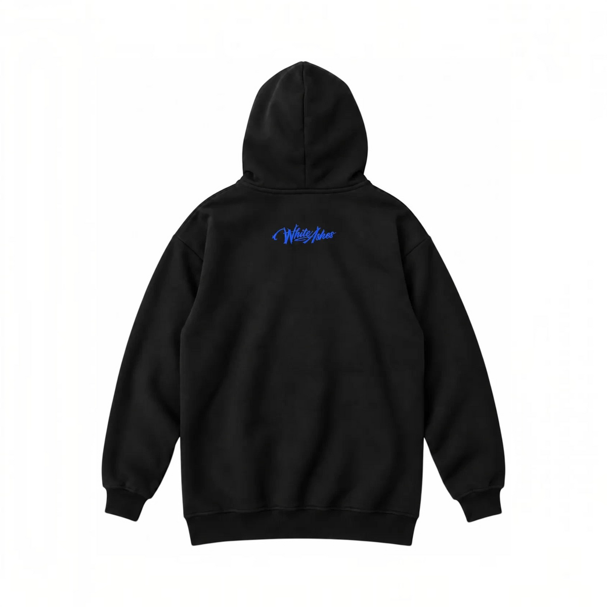 Back view of a black White Ashes Smoke Shop heavyweight cotton hoodie featuring a blue graphic logo on the upper back.