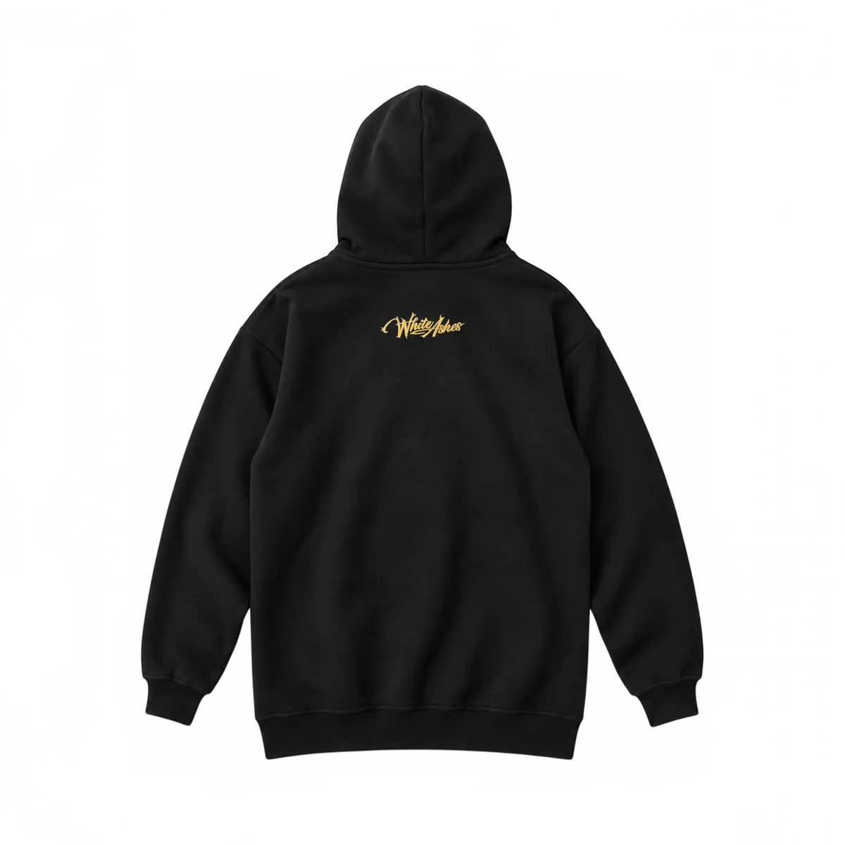 Back view of a black White Ashes Smoke Shop hoodie featuring a gold embroidered logo on the upper back
