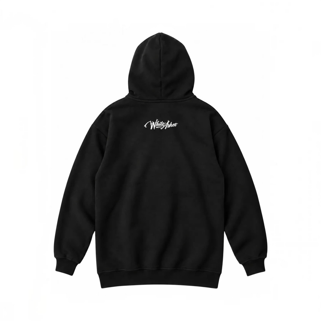 Back view of a black White Ashes Smoke Shop hoodie featuring white logo branding on the upper back.
