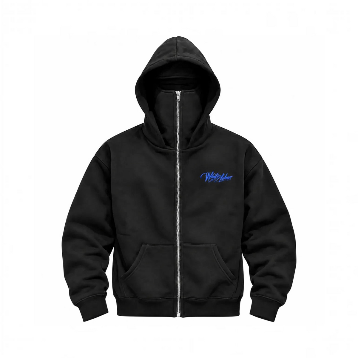 White Ashes Smoke Shop black heavyweight cotton full-zip hoodie with integrated face mask and blue chest graphic