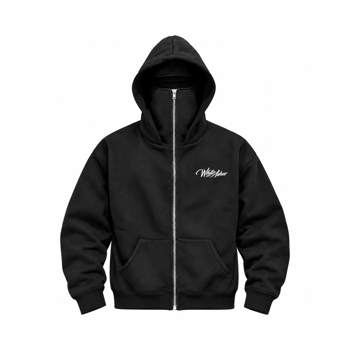 White Ashes Smoke Shop black heavyweight cotton full-zip hoodie with an integrated high-neck face mask and logo.