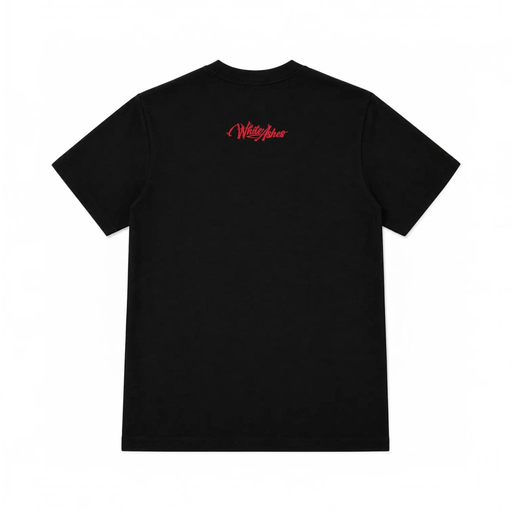 Back view of a black White Ashes Smoke Shop short-sleeve t-shirt with a red embroidered logo below the neckline.