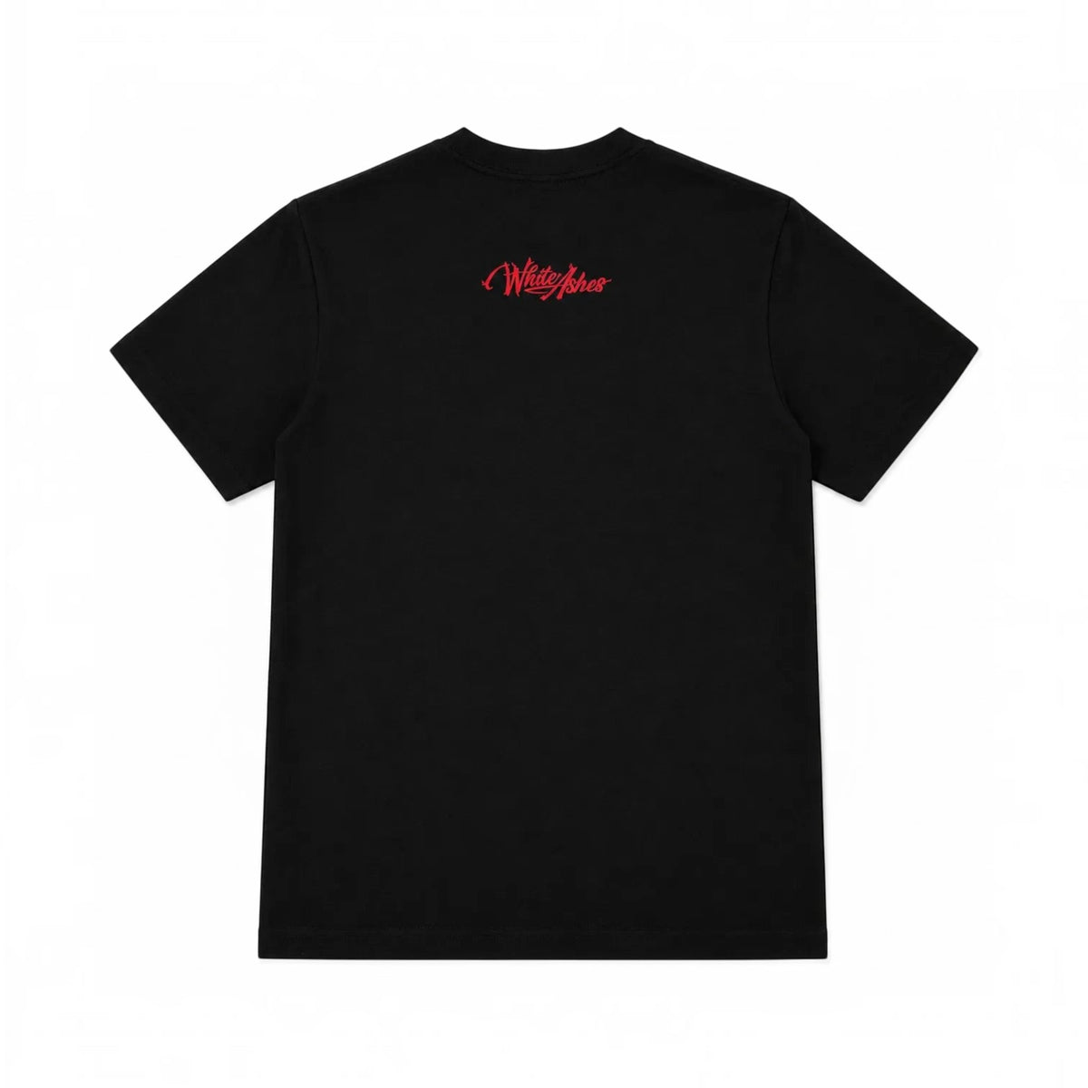 Back view of a black White Ashes Smoke Shop short-sleeve t-shirt with a red embroidered logo below the neckline.
