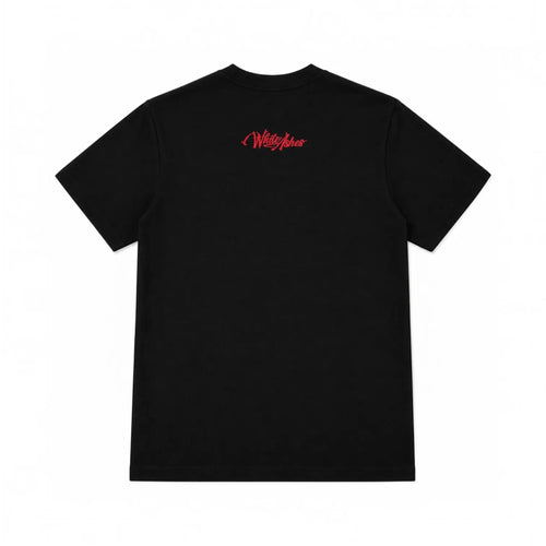 Back view of a black White Ashes Smoke Shop short-sleeve t-shirt with a red embroidered logo below the neckline.