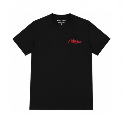 White Ashes Smoke Shop black short-sleeve t-shirt with a small red embroidered logo on the chest.