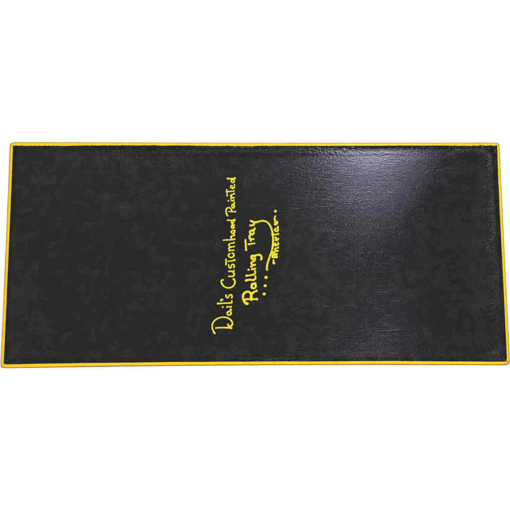 White Ashes Smoke Shop rectangular black rolling tray with yellow hand-painted lettering and border detail.