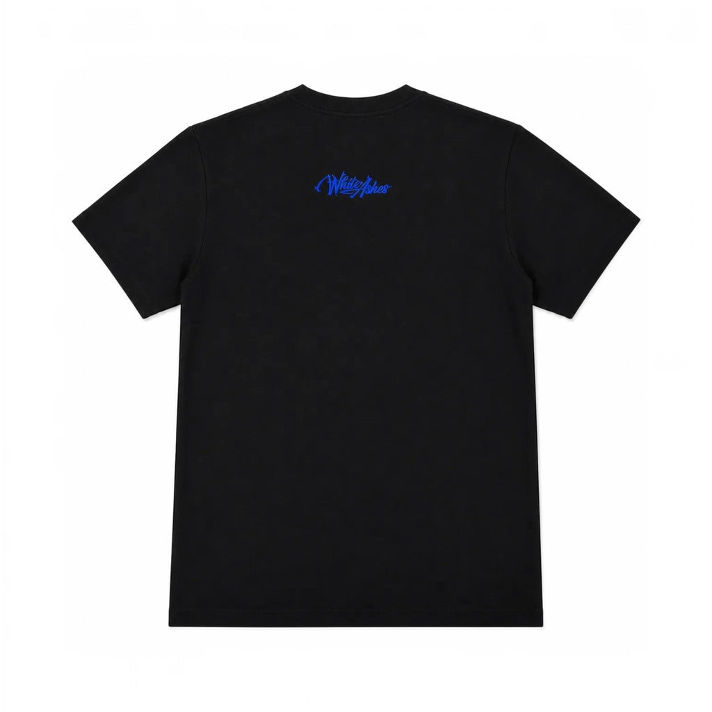 Back view of a black White Ashes Smoke Shop short-sleeve t-shirt with a royal blue embroidered logo below the neckline