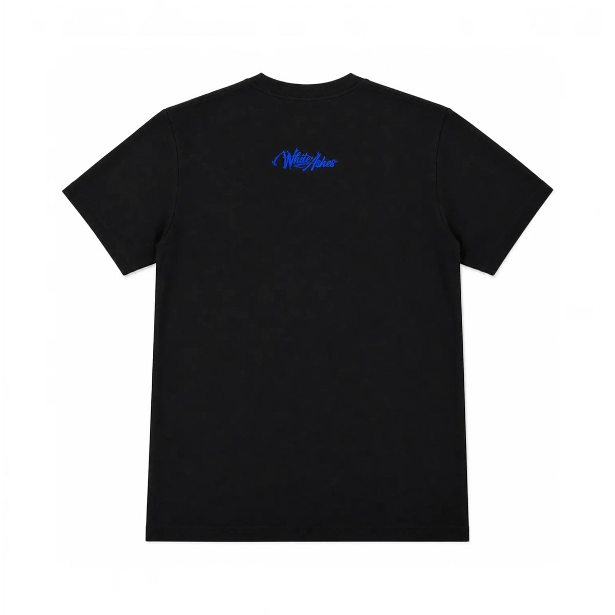 Back view of a black White Ashes Smoke Shop short-sleeve t-shirt with a royal blue embroidered logo below the neckline