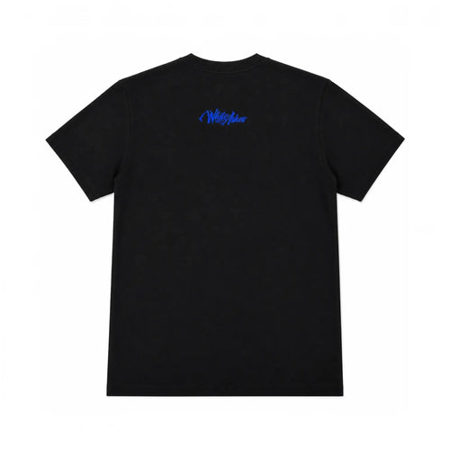 Back view of a black White Ashes Smoke Shop short-sleeve t-shirt with a royal blue embroidered logo below the neckline