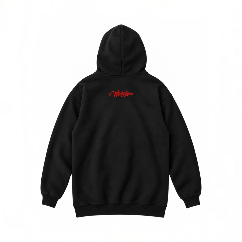 Back view of a black White Ashes Smoke Shop full-zip hoodie featuring a red embroidered logo on the upper back.