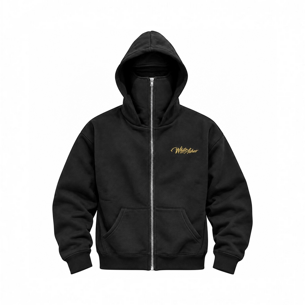 White Ashes Smoke Shop black heavyweight cotton full-zip hoodie with integrated face mask hood and gold chest logo.