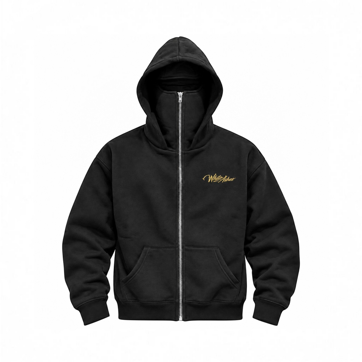 White Ashes Smoke Shop black heavyweight cotton full-zip hoodie with integrated face mask hood and gold chest logo.