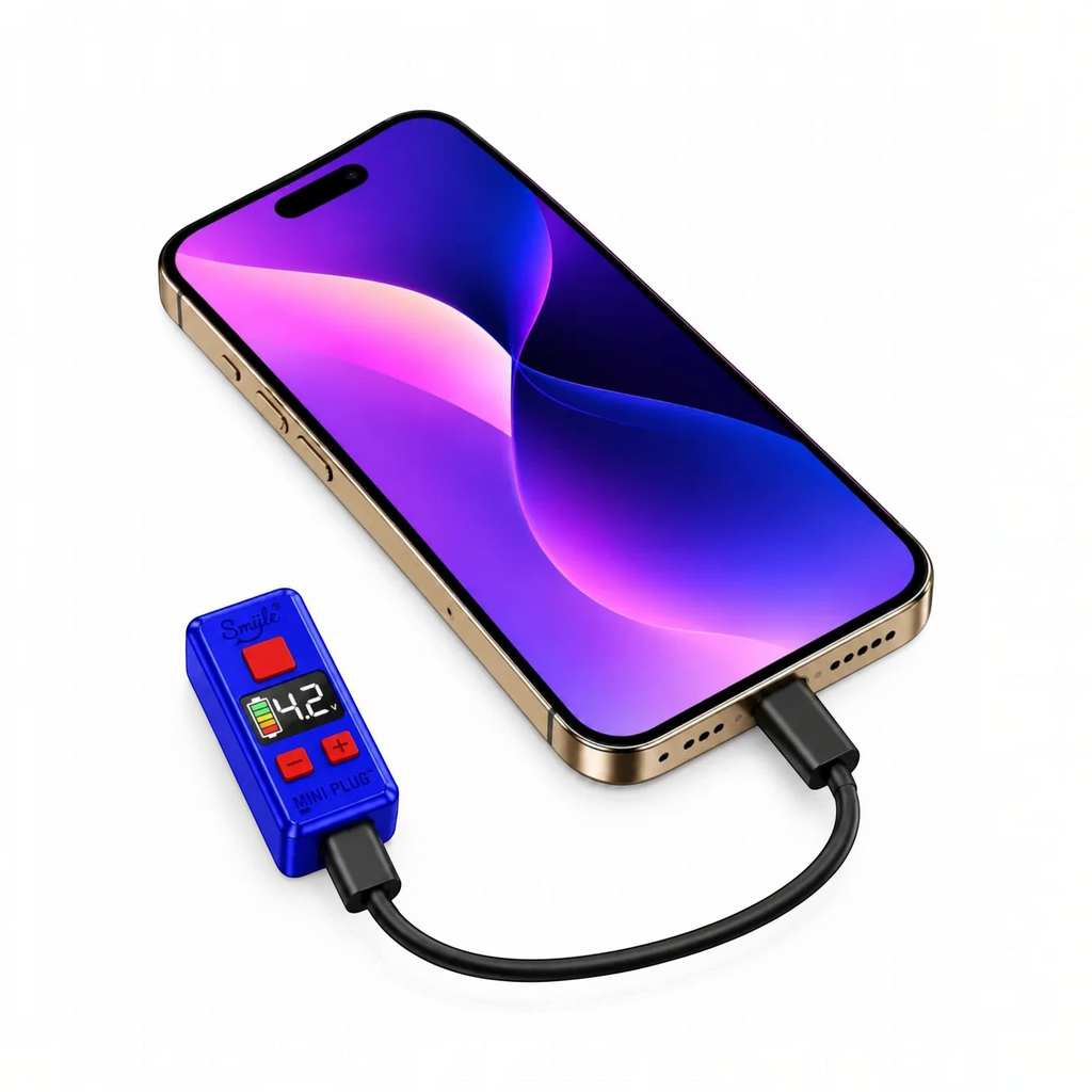 White Ashes Smoke Shop Smüle Mini Plug blue 510-thread vaporizer battery with LED screen charging via USB-C cable