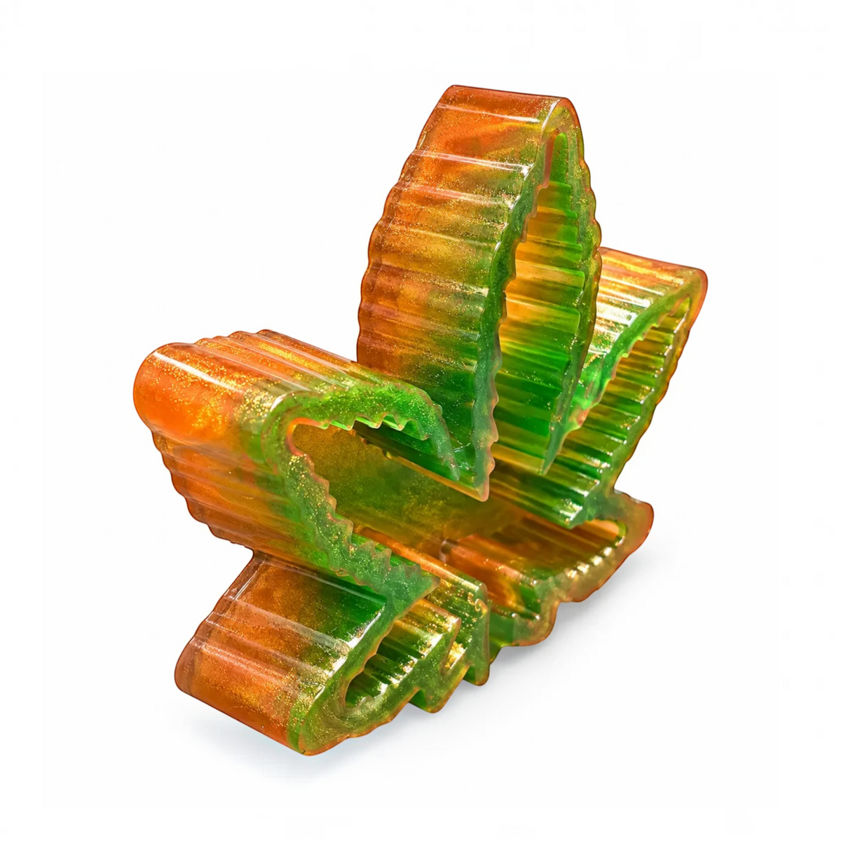 White Ashes Smoke Shop cannabis leaf shaped resin rolling tray in shimmering green and gold with a high-gloss finish.