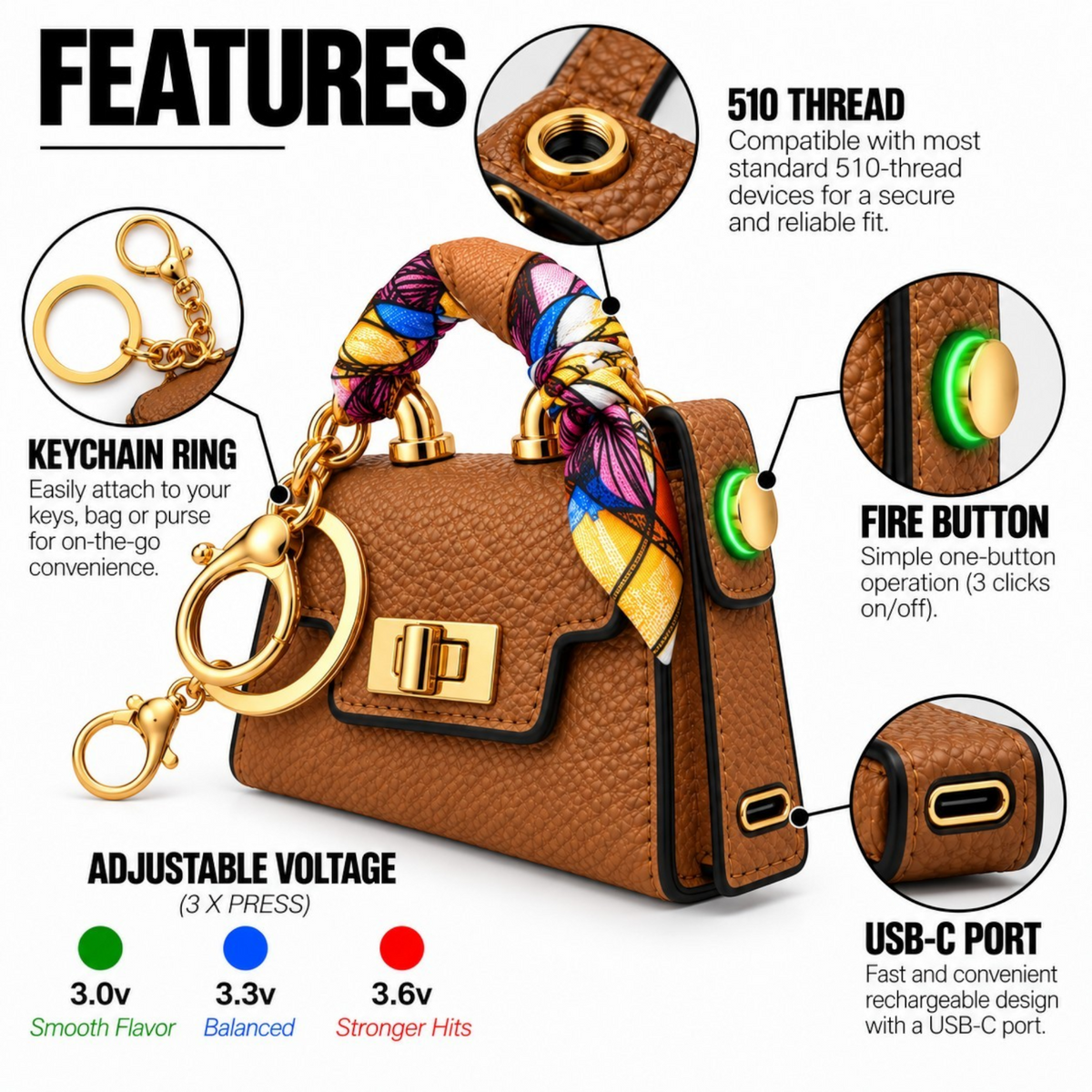White Ashes Smoke Shop caramel brown handbag 510 cart battery with gold hardware, scarf handle, and USB-C charging.