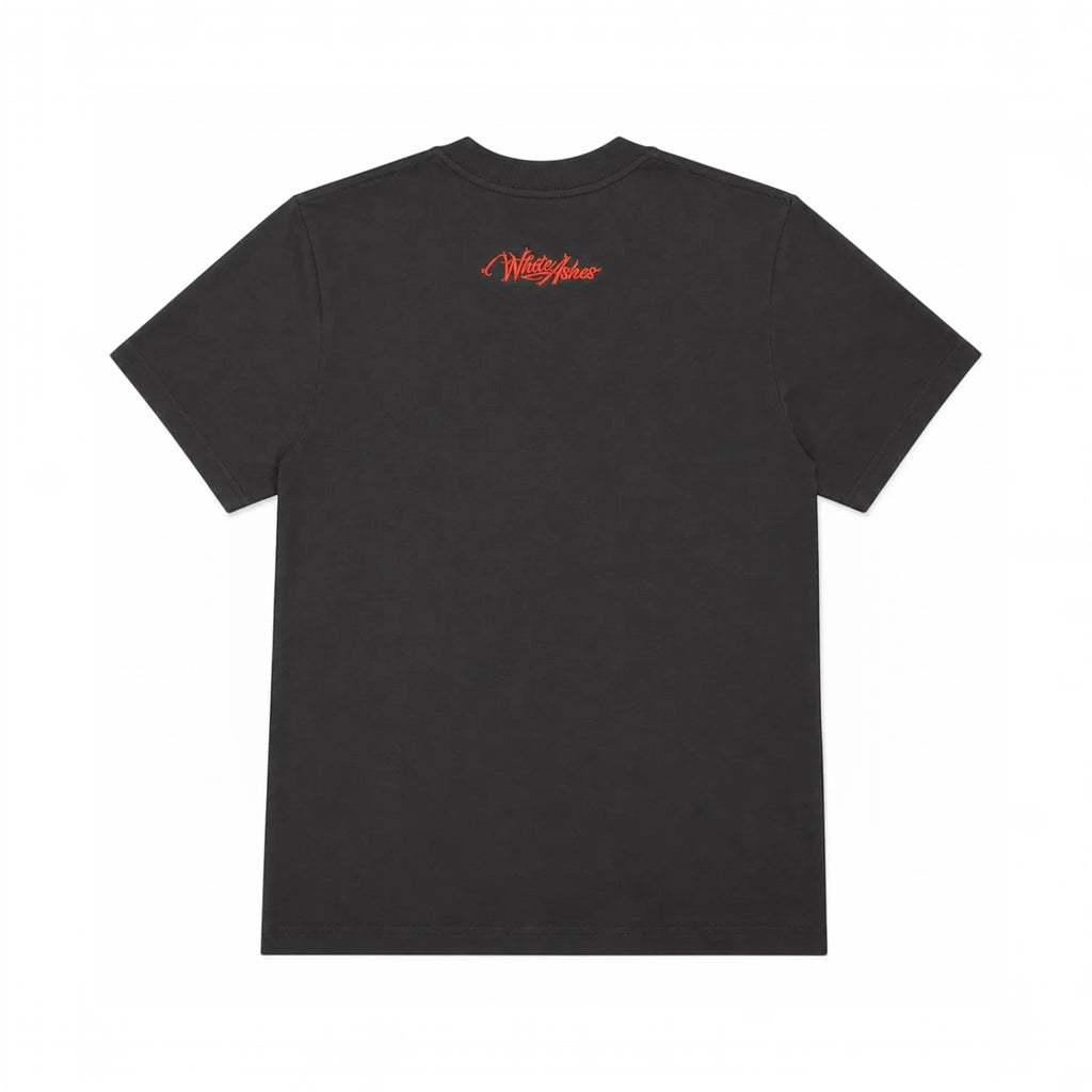 White Ashes Smoke Shop charcoal grey cotton crewneck t-shirt with a small red logo graphic on the upper back