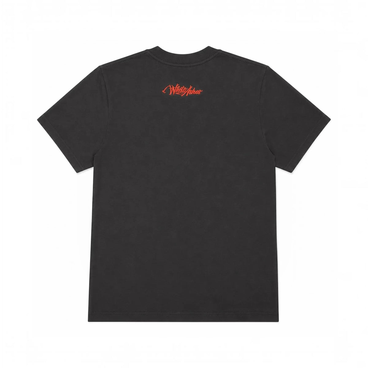 White Ashes Smoke Shop charcoal grey cotton crewneck t-shirt with a small red logo graphic on the upper back
