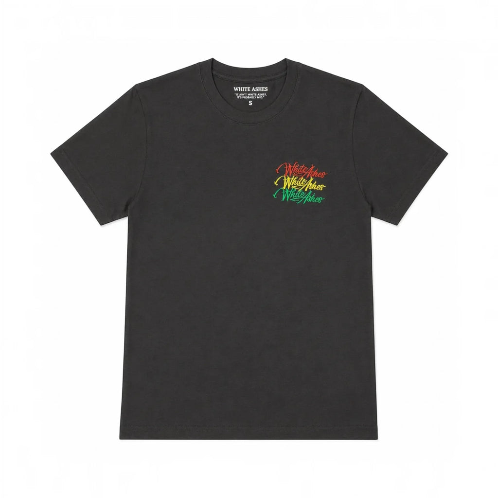 White Ashes Smoke Shop charcoal grey cotton crewneck t-shirt with a multi-colored logo graphic on the chest.
