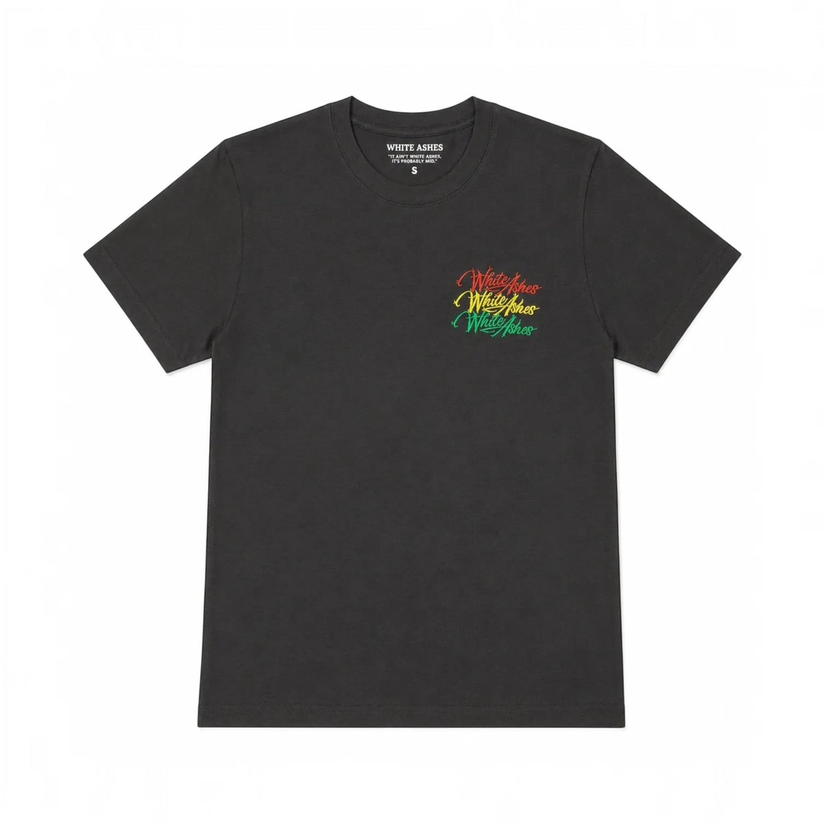 White Ashes Smoke Shop charcoal grey cotton crewneck t-shirt with a multi-colored logo graphic on the chest.