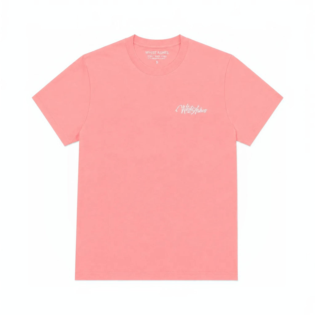 White Ashes Smoke Shop coral pink cotton crewneck t-shirt with white signature logo embroidery on the chest