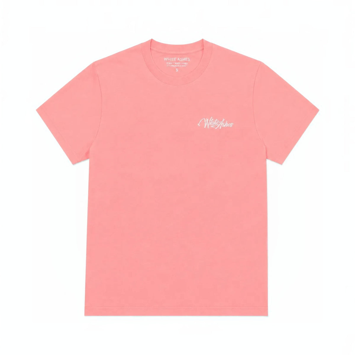 White Ashes Smoke Shop coral pink cotton crewneck t-shirt with white signature logo embroidery on the chest