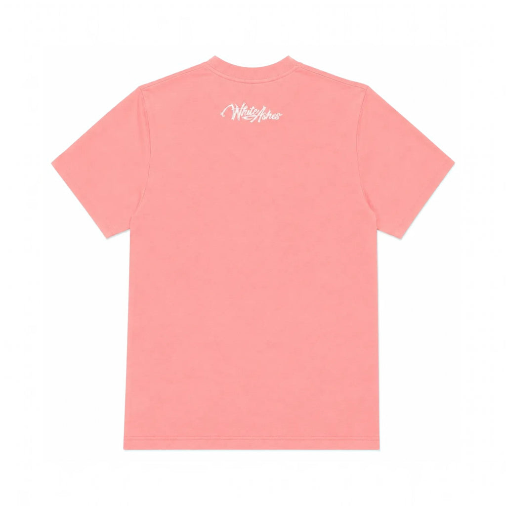Back view of a coral pink White Ashes Smoke Shop cotton crewneck t-shirt with white logo at the nape of the neck
