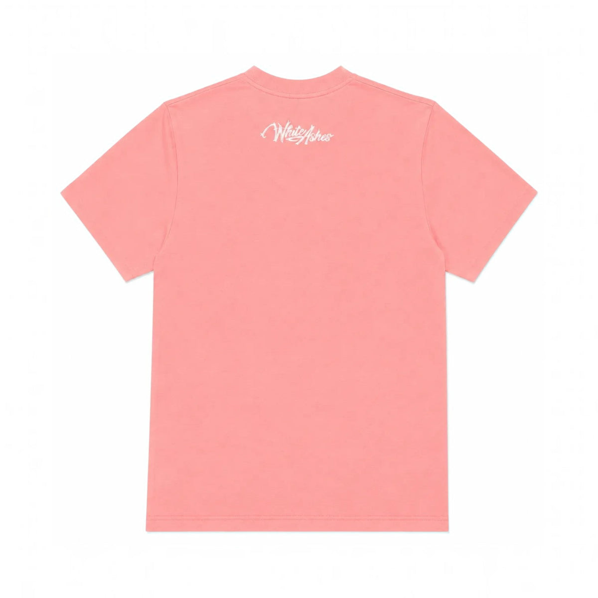 Back view of a coral pink White Ashes Smoke Shop cotton crewneck t-shirt with white logo at the nape of the neck