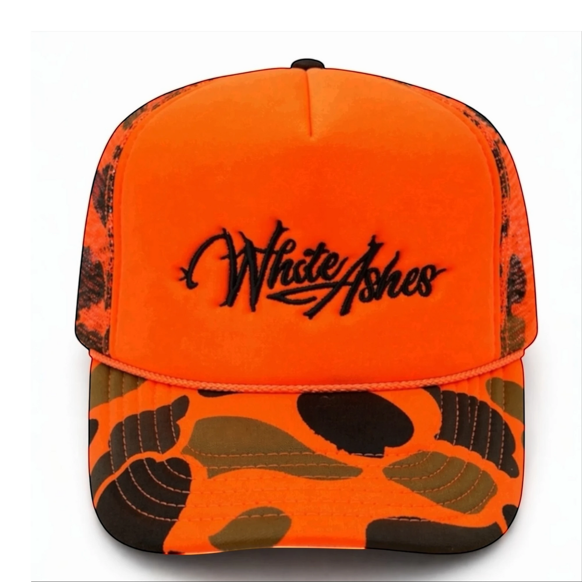 White Ashes Smoke Shop fire orange trucker hat with camo brim, mesh back, and espresso brown embroidered logo.