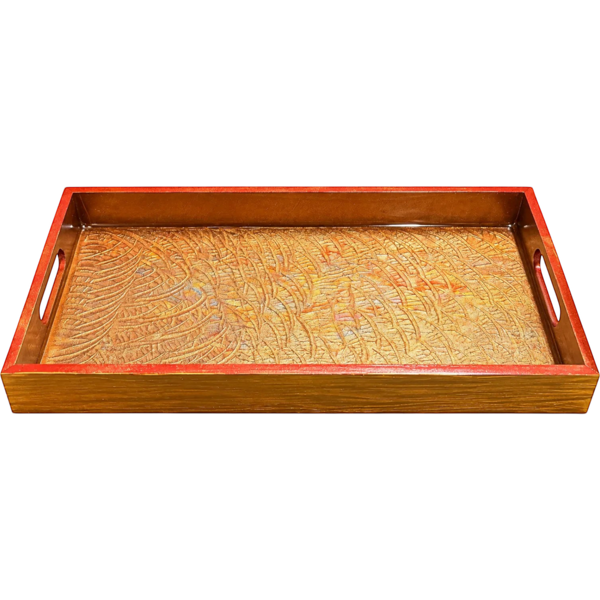 White Ashes Smoke Shop rectangular decorative tray with textured metallic gold interior and bold red border and handles