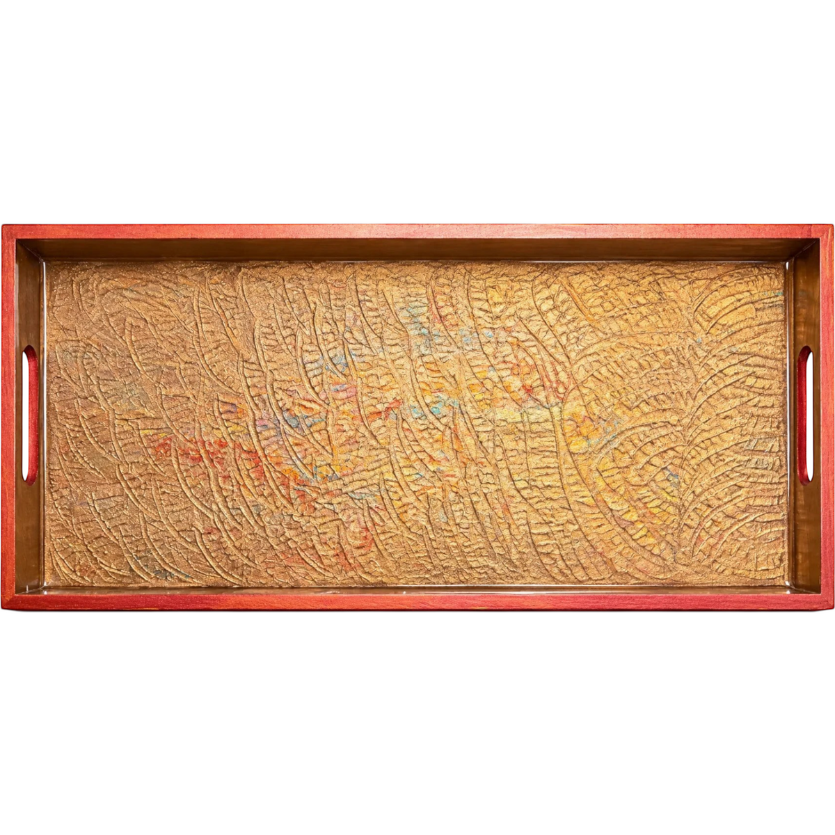 White Ashes Smoke Shop rectangular decorative tray with a textured metallic gold interior and bold red border.