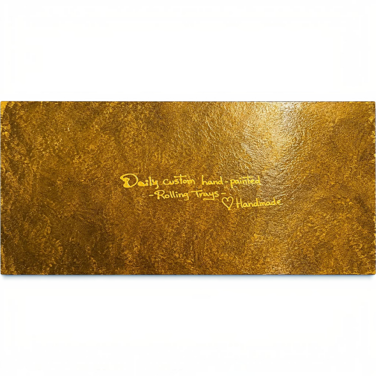 White Ashes Smoke Shop hand-painted gold textured rolling tray with custom calligraphy and a heart symbol.