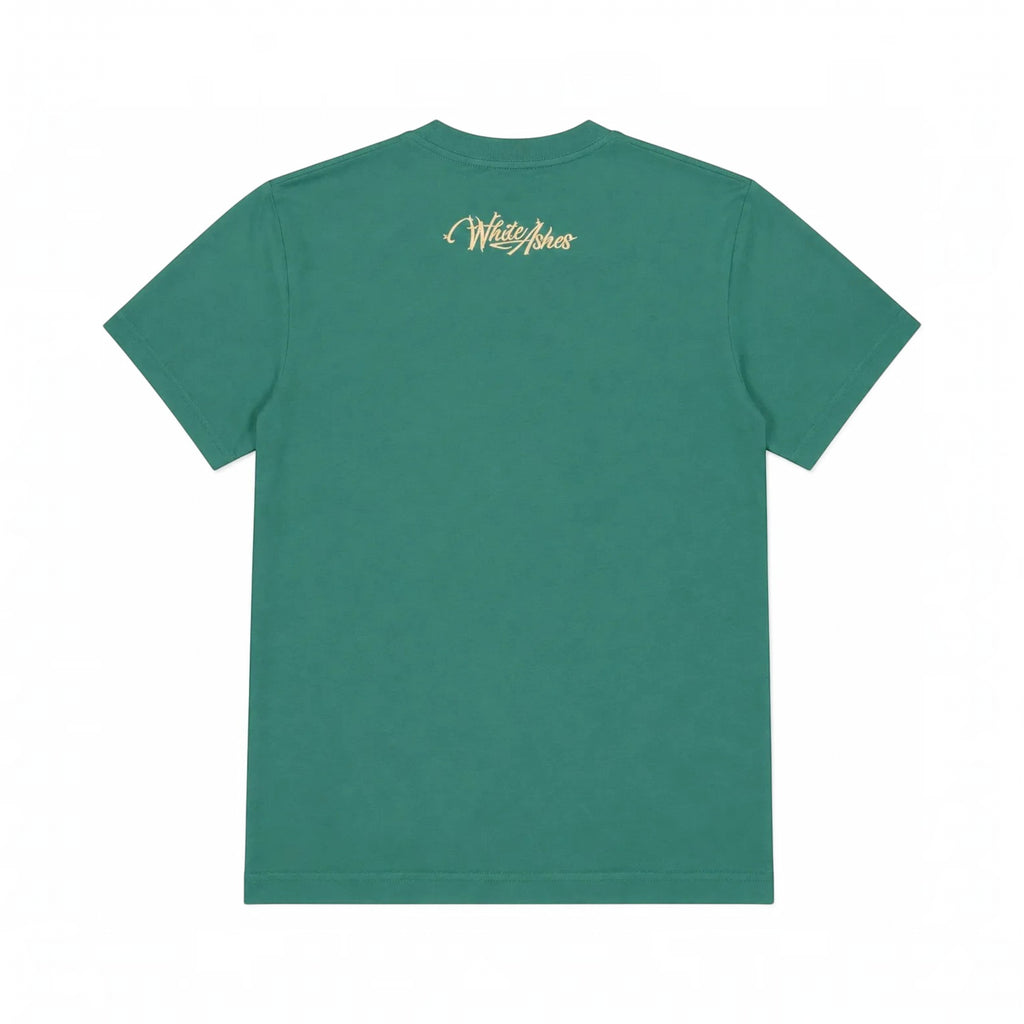 White Ashes Smoke Shop green cotton crewneck t-shirt with a small script logo graphic on the back neckline